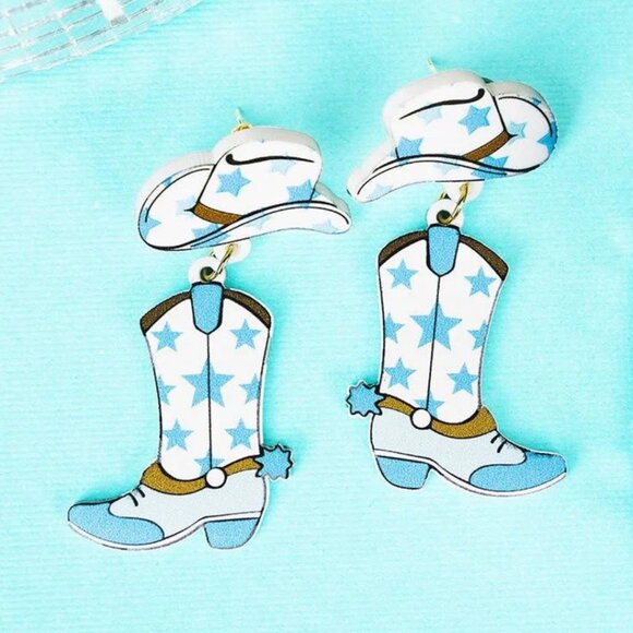 ICON Acrylic Blue Cowboy Hat & Boot Earrings NWT - Picture 1 of 3